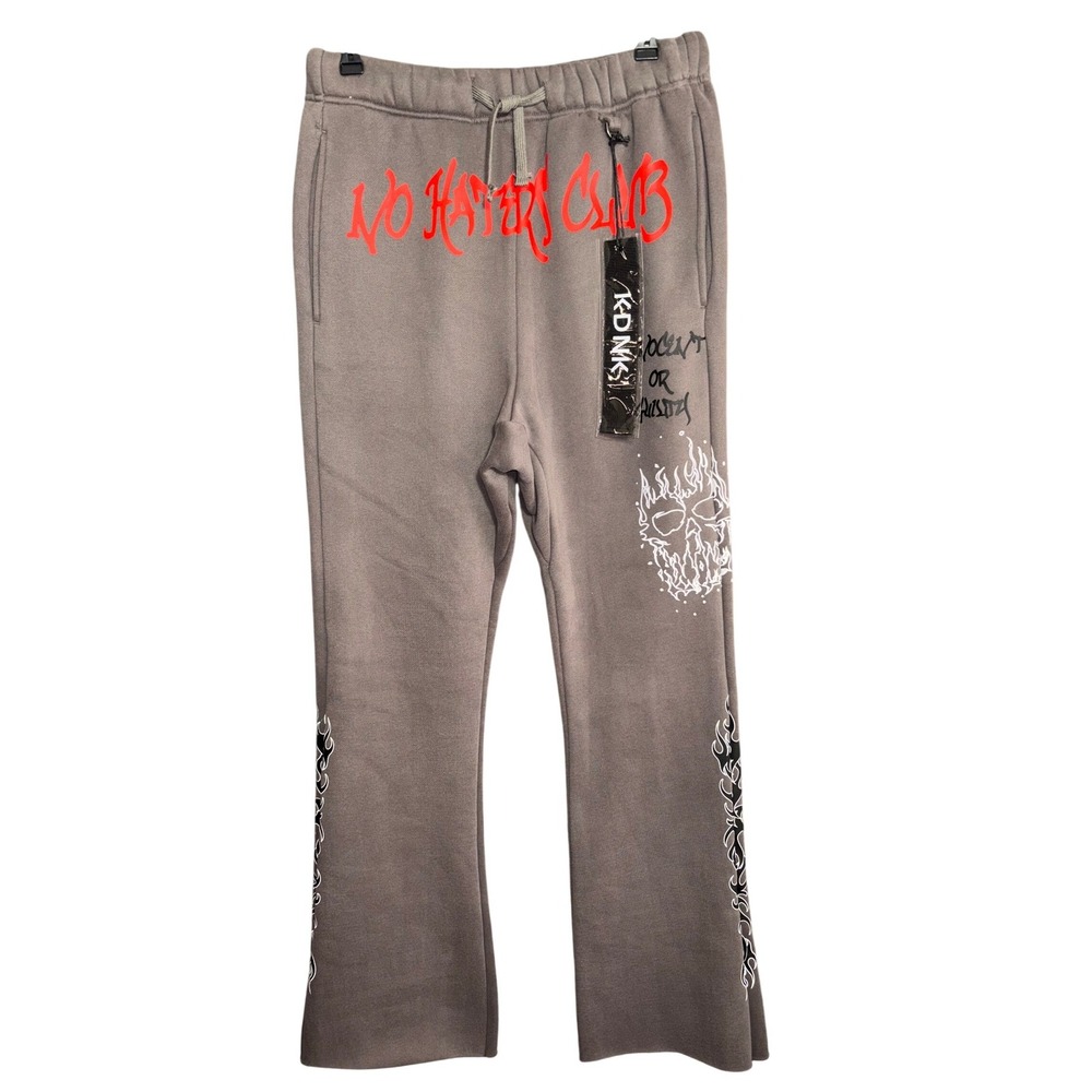 KDNK Mens‎ Graphic Sweatpants Flare Leg Skull Flame Print Sz M Grunge Streetwear